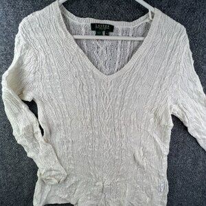 Lauren Ralph Lauren Women’s Sweater Long Sleeve White Petite Large All Linen